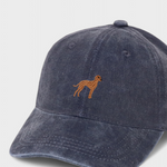 Navy blue washed cotton baseball hat with embroidered hand-drawn Vizsla dog design front, personalized embroidery options on back.