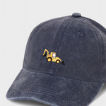 Digger embroidered personalised hat in washed cotton with customisable back embroidery in block or script font.