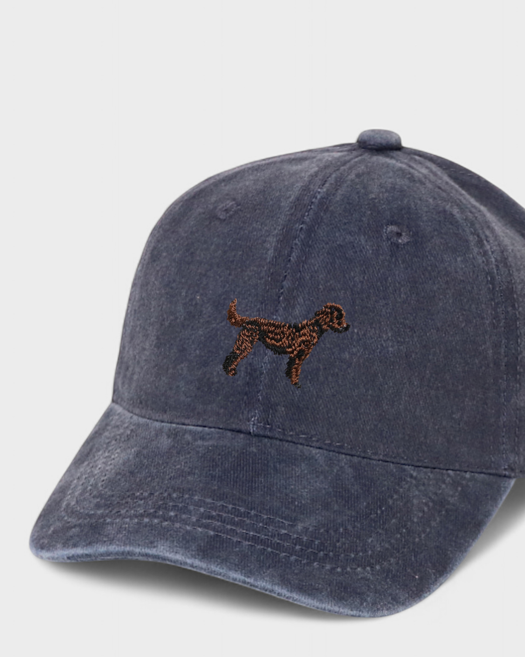 Navy blue Labradoodle embroidered personalised baseball hat made of 100% washed cotton.