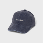 Personalised navy blue cap with white text embroidery, made of 100% washed cotton in a classic baseball fit.