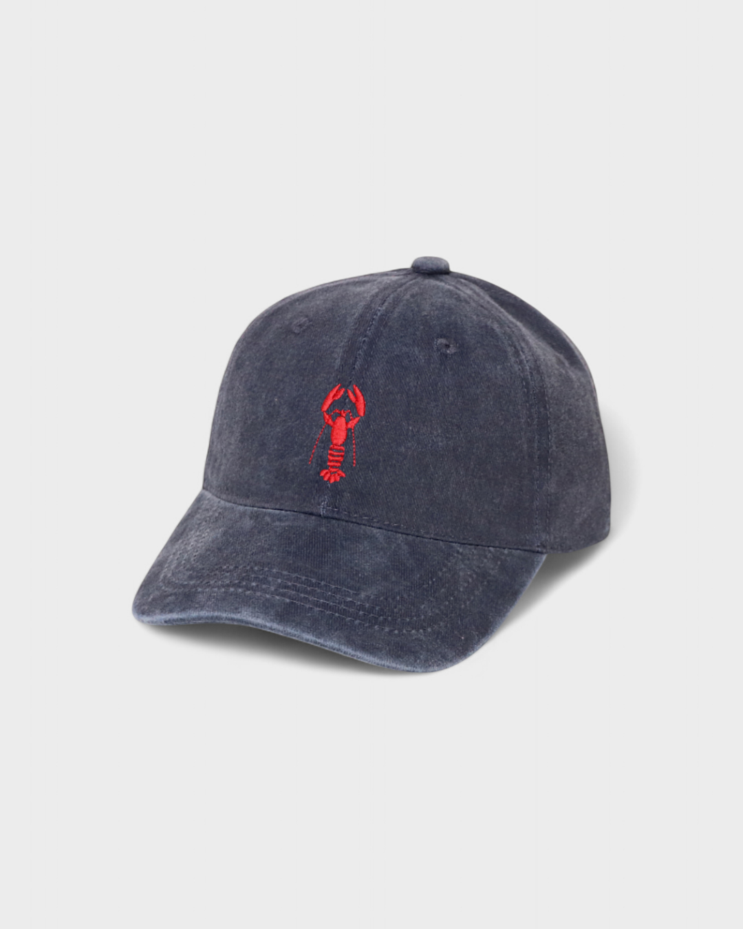 Navy blue lobster personalised hat with red lobster embroidery on washed cotton.