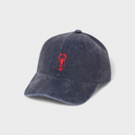 Navy blue lobster personalised hat with red lobster embroidery on washed cotton.
