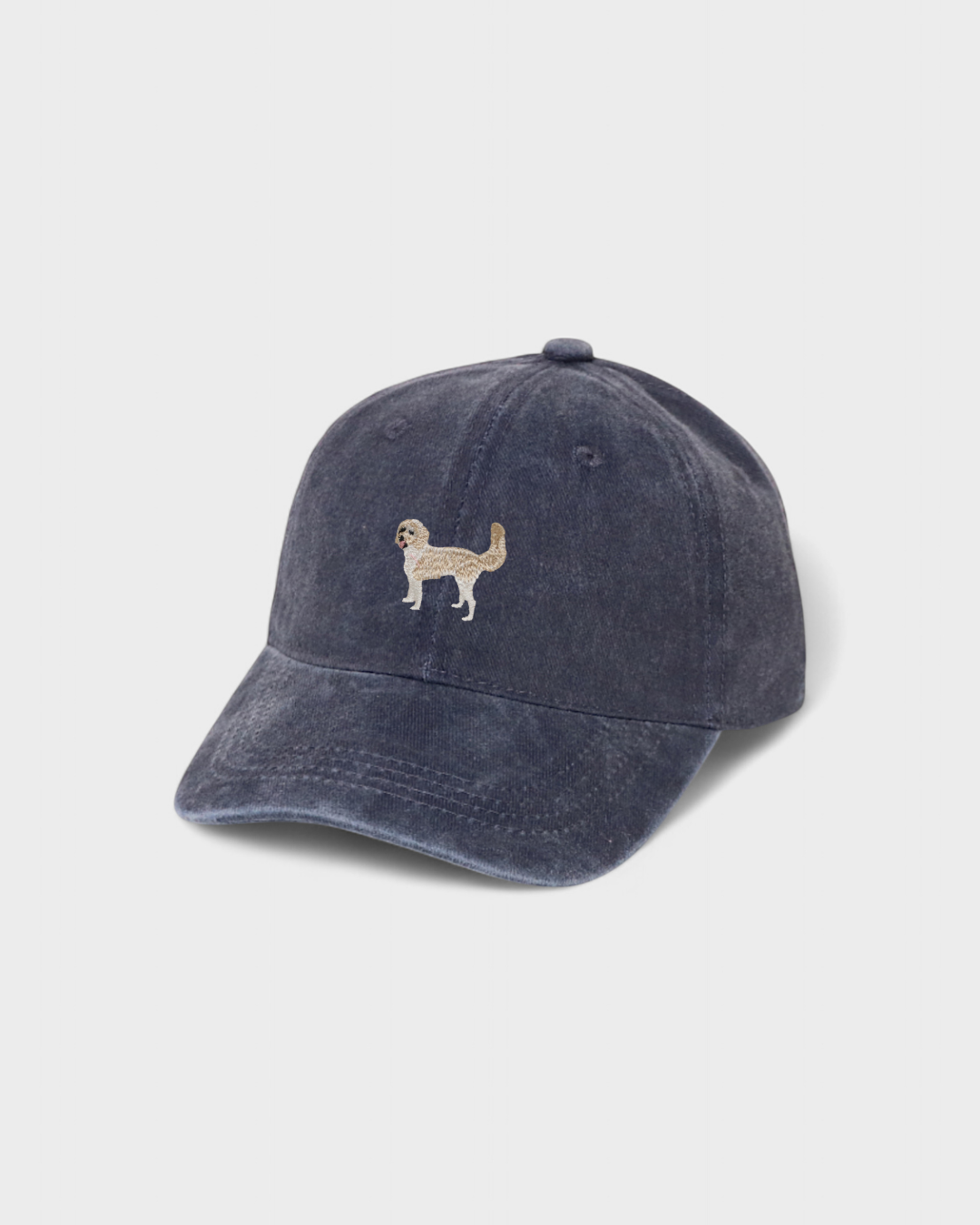Navy blue Sheepadoodle Personalised Hat with hand-embroidered dog design on front and personalised embroidery option on back, made of 100% washed cotton.