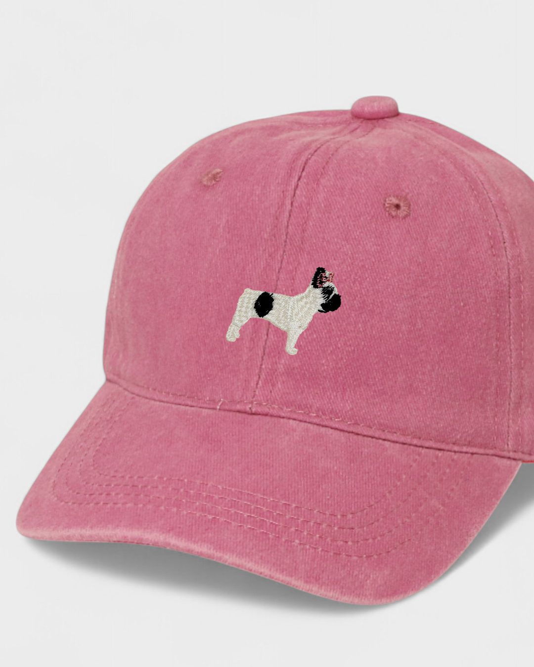 Pink French Bulldog personalised hat with embroidered dog design and cotton baseball fit