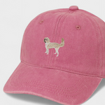 Pink Sheepadoodle Personalised Hat with hand-embroidered dog design on front and custom embroidery option on back, made of 100% washed cotton.
