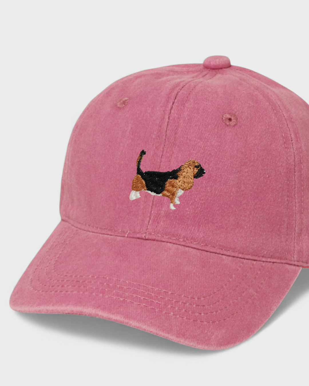 Pink baseball cap with embroidered Basset Hound design, personalised hat made of 100% washed cotton