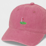 Pink embroidered personalised hat with golf design, 100% washed cotton, classic baseball fit.