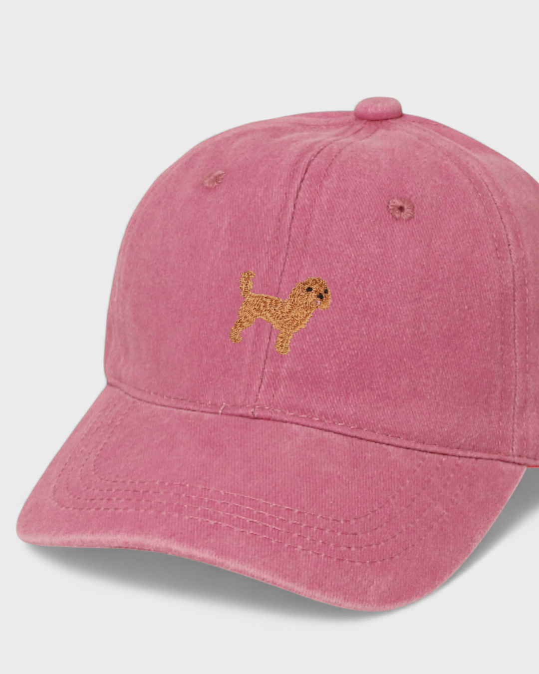 Pink Cavoodle Personalised Hat with embroidered dog design on front, made of 100% washed cotton, baseball style.