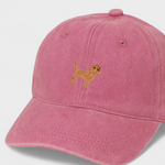 Pink Cavoodle Personalised Hat with embroidered dog design on front, made of 100% washed cotton, baseball style.