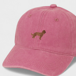 Pink Goldendoodle personalised hat with embroidered dog design and customizable back embroidery in cotton baseball style