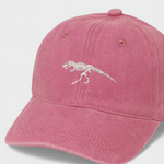 T-Rex Personalised Hat with embroidered dinosaur design on pink cotton baseball cap.