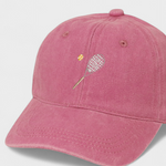 Personalised tennis hat with racket and ball embroidery, 100% washed cotton.