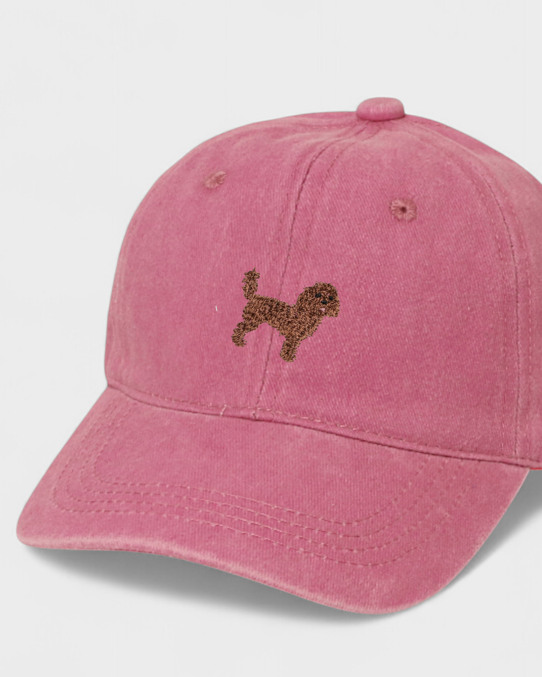 Pink Cavoodle Personalised Hat with hand-embroidered Cavoodle design on front, made of 100% washed cotton.