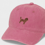 Pink Cavoodle Personalised Hat with hand-embroidered Cavoodle design on front, made of 100% washed cotton.
