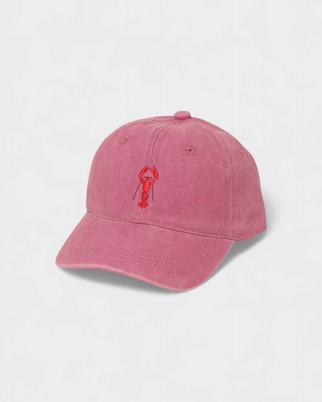 Pink baseball cap with lobster embroidery on front, personalized embroidery on back, 100% washed cotton.