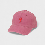 Pink baseball cap with lobster embroidery on front, personalized embroidery on back, 100% washed cotton.