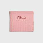 Pink Merino Baby Blanket with personalized embroidered name Olive, soft and breathable wool fabric for baby warmth and comfort