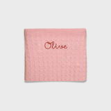 Pink Merino Baby Blanket with personalized embroidered name Olive, soft and breathable wool fabric for baby warmth and comfort