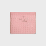 Pink merino baby blanket with embroidered name and vintage bow design