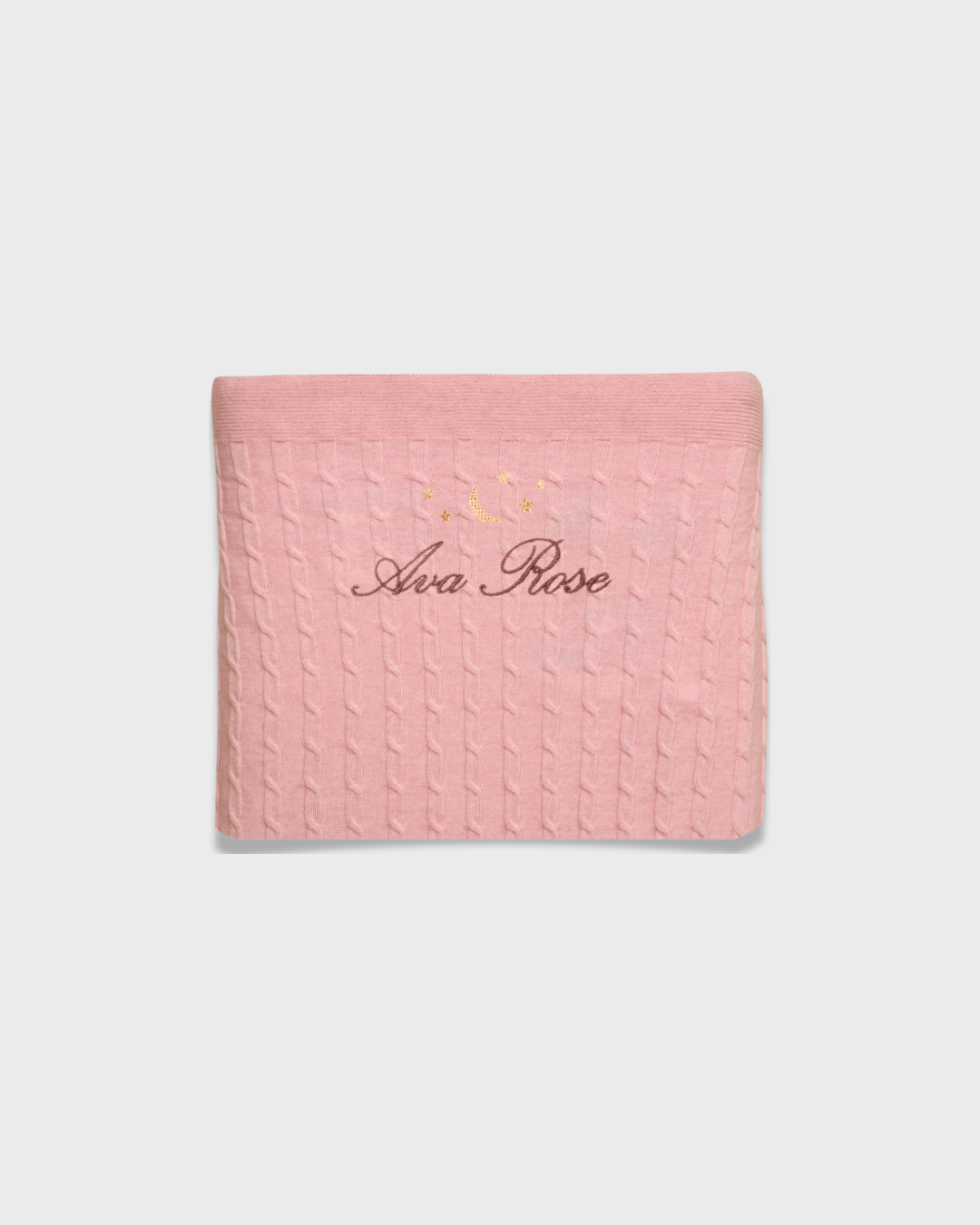 Pink merino baby blanket with moon and stars embroidery and personalized name Ava Rose