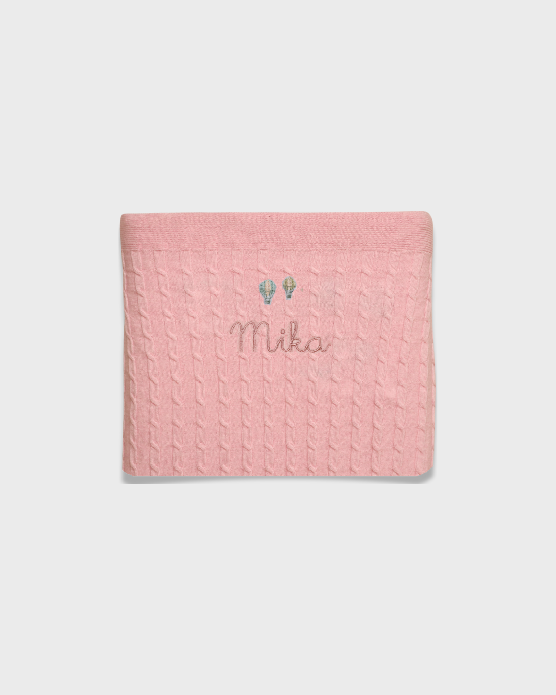 Pink merino baby blanket with balloon embroidery and personalized name Mika
