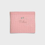 Pink merino baby blanket with balloon embroidery and personalized name Mika