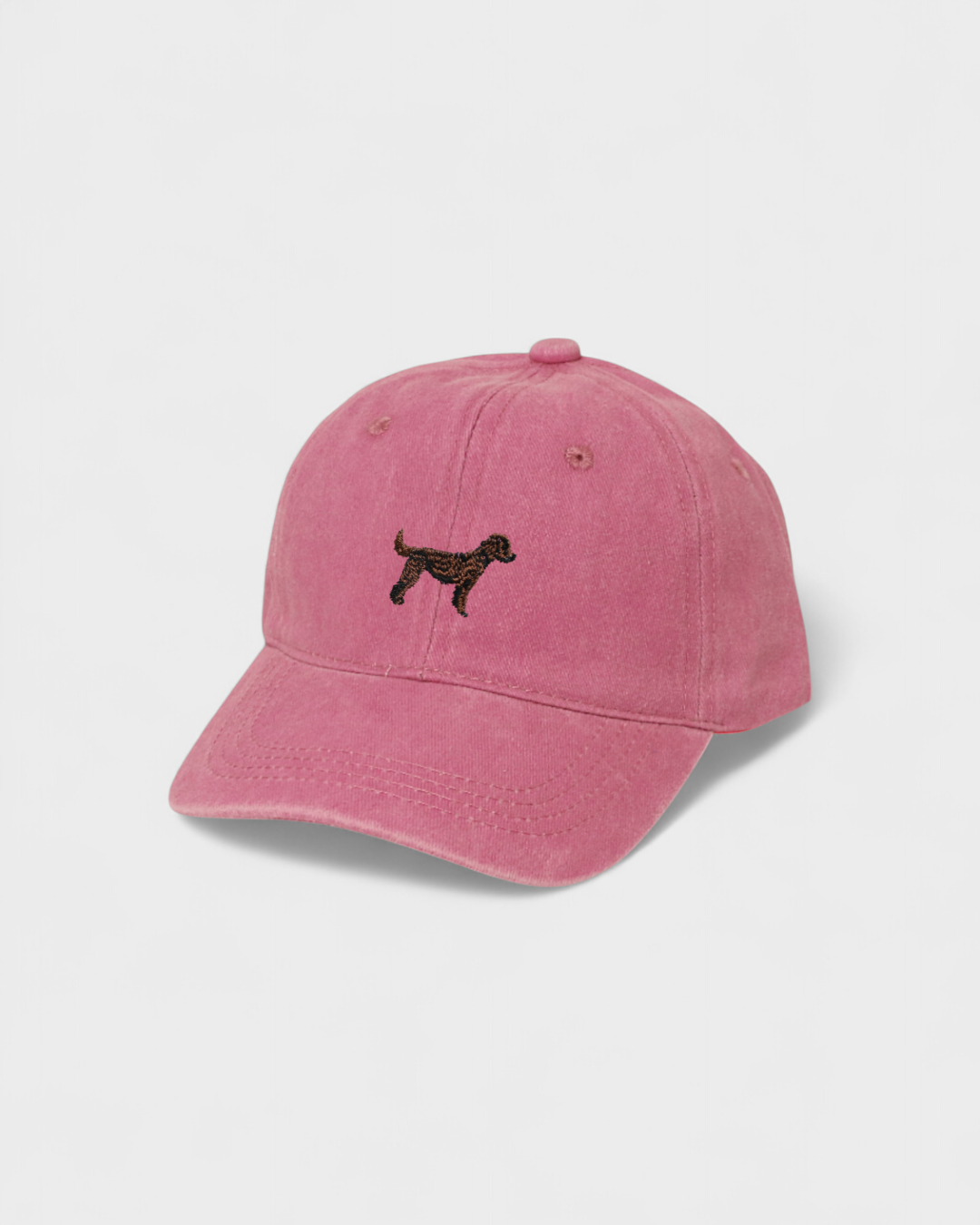 Pink Goldendoodle personalised hat with embroidered dog design, made of 100% washed cotton in classic baseball style