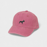 Pink washed cotton baseball hat with embroidered black French Bulldog design on front and option for personalized embroidery on back
