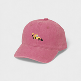 Digger Personalised Hat with hand-drawn embroidery design on pink baseball cap.