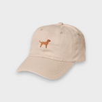 Beige personalised hat with hand-embroidered Labrador design on front, made of 100% washed cotton in classic baseball style