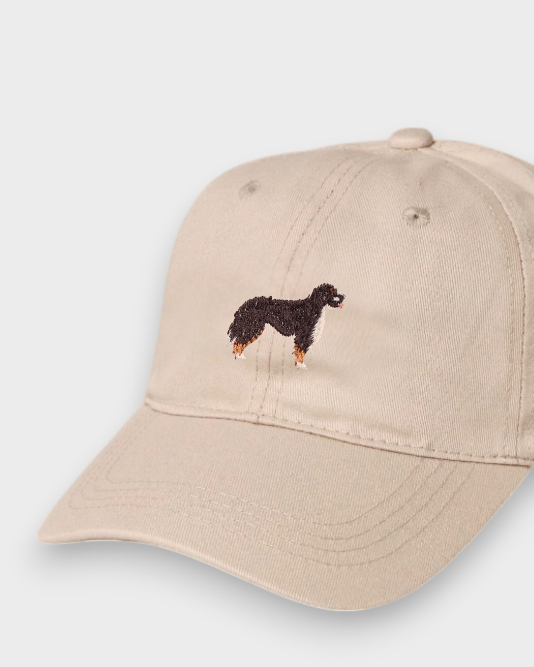 Beige Burmese Mountain Dog personalised baseball hat with embroidered dog design on front