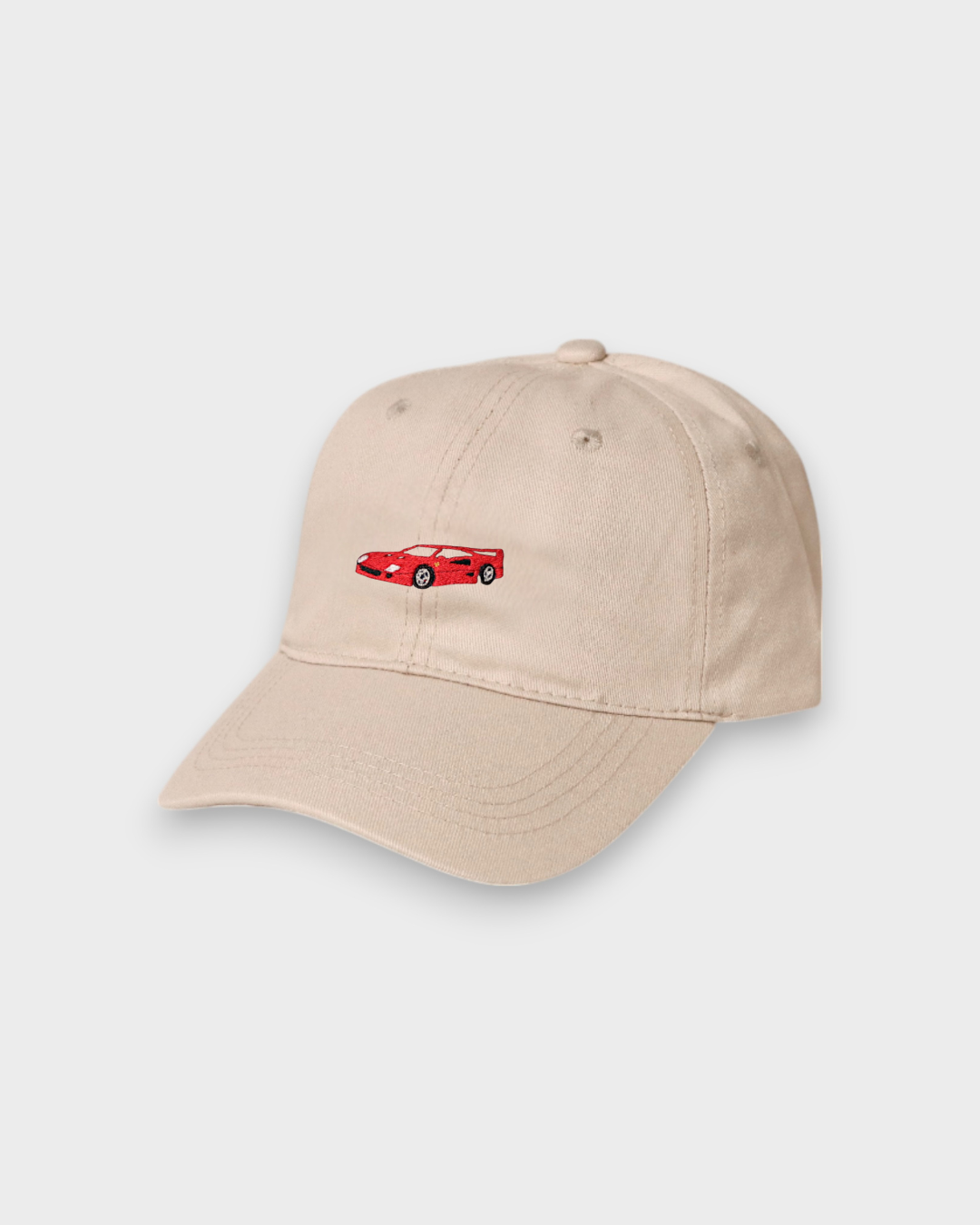 Beige Ferrari F40 personalised baseball hat with red Ferrari F40 embroidery on front, made of 100% washed cotton.