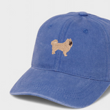 Husky personalised hat with hand-drawn Chow Chow embroidery on blue cotton fabric.