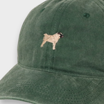 Pug Personalised Hat with embroidered pug design on green washed cotton baseball cap.