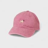 Pug Personalised Hat with hand-drawn embroidered design, made of 100% washed cotton.