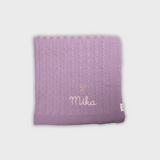 Soft purple Merino baby blanket with embroidered vintage bow and personalized name "Mika"