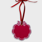 Red scalloped initials ornament with white embroidery and red velvet ribbon for hanging, 10cm x 10cm.