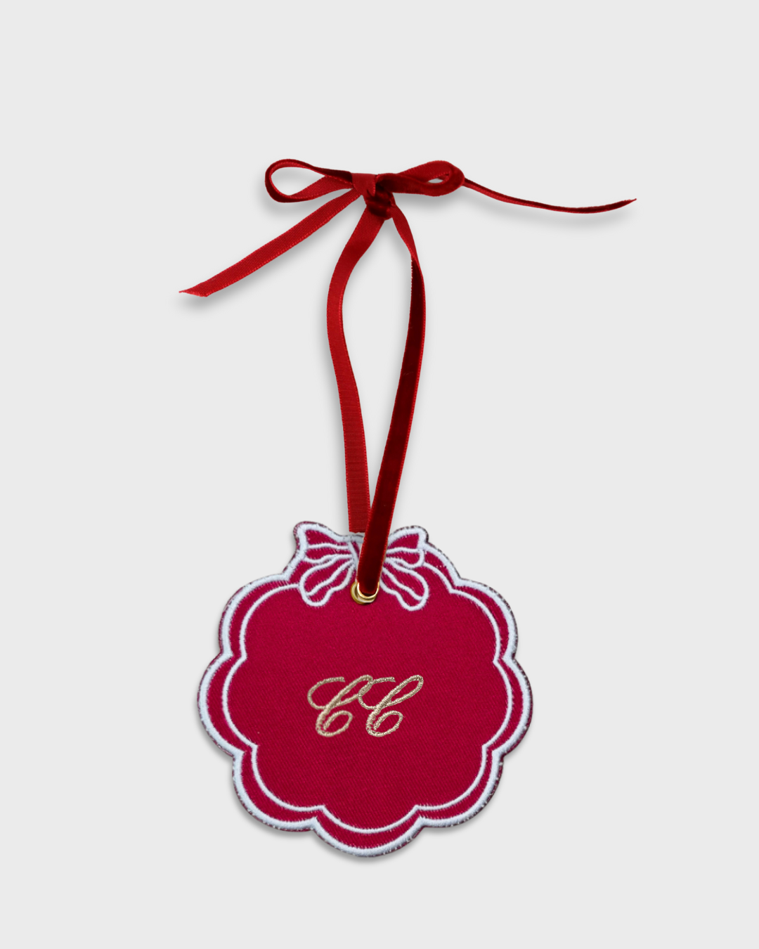 Red embroidered initials ornament with velvet ribbon and brass keyring charm option