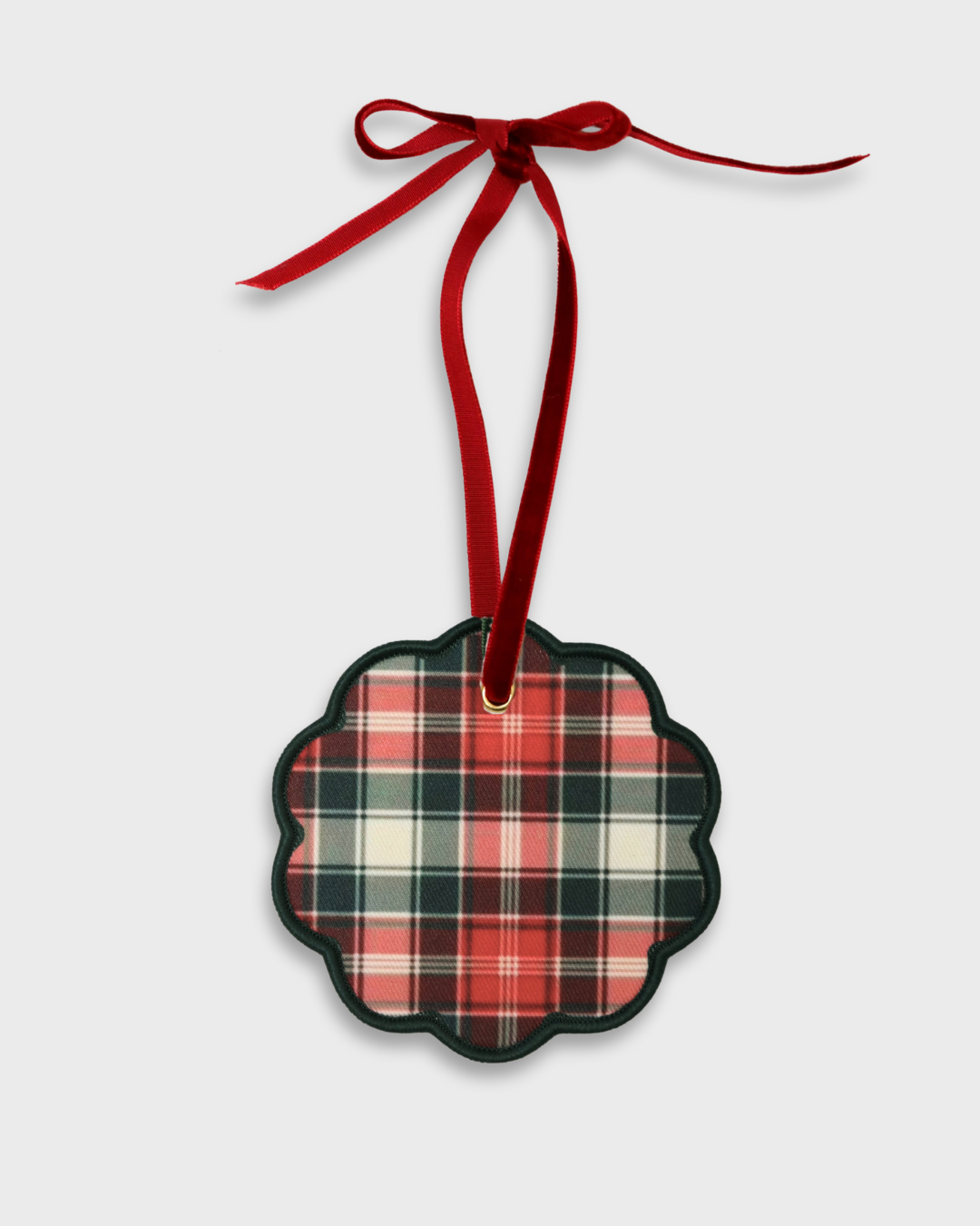 Plaid fabric initials ornament with scalloped edges and red velvet ribbon for hanging holiday decor