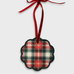 Plaid fabric initials ornament with scalloped edges and red velvet ribbon for hanging holiday decor