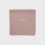 Soft pink merino baby blanket with embroidered name and vintage bow design