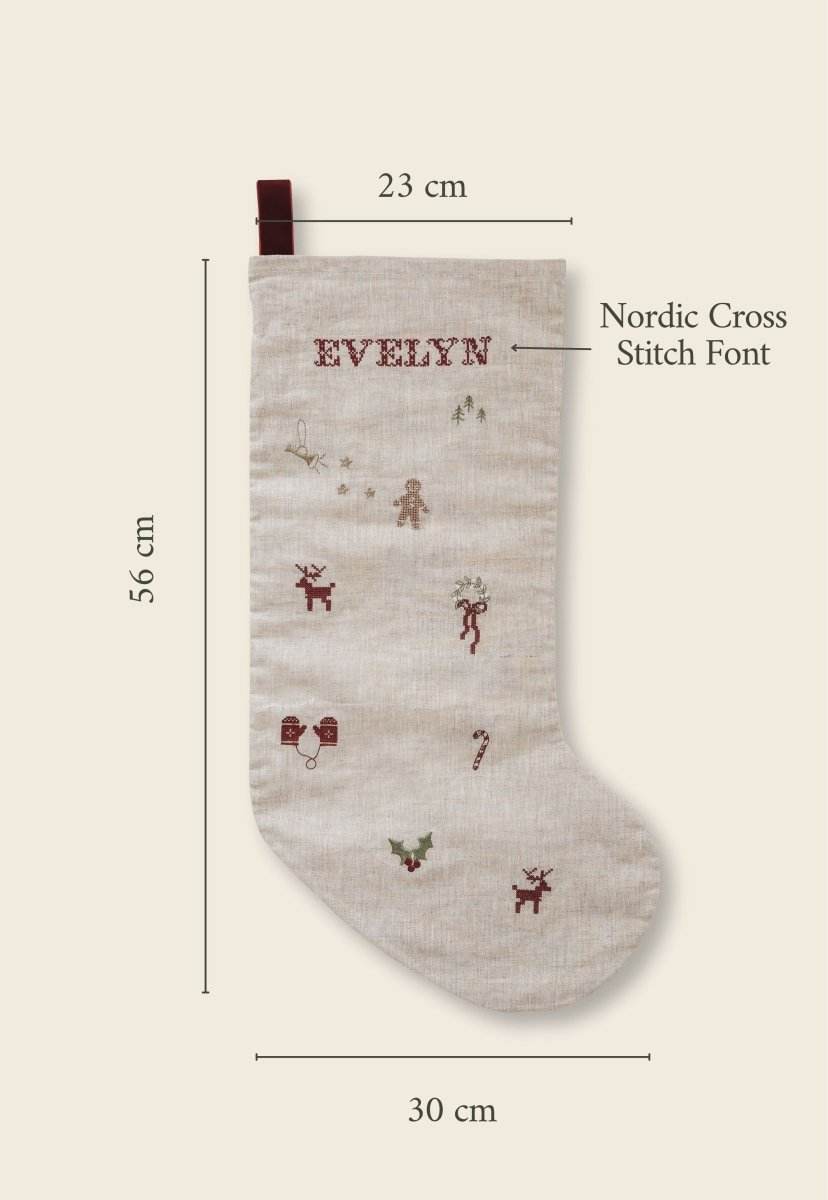 Holiday Pattern Linen Stocking - Namesake Embroidery Studio