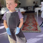 Kids Blue on Stone Grey Linen Apron - Namesake Embroidery Studio
