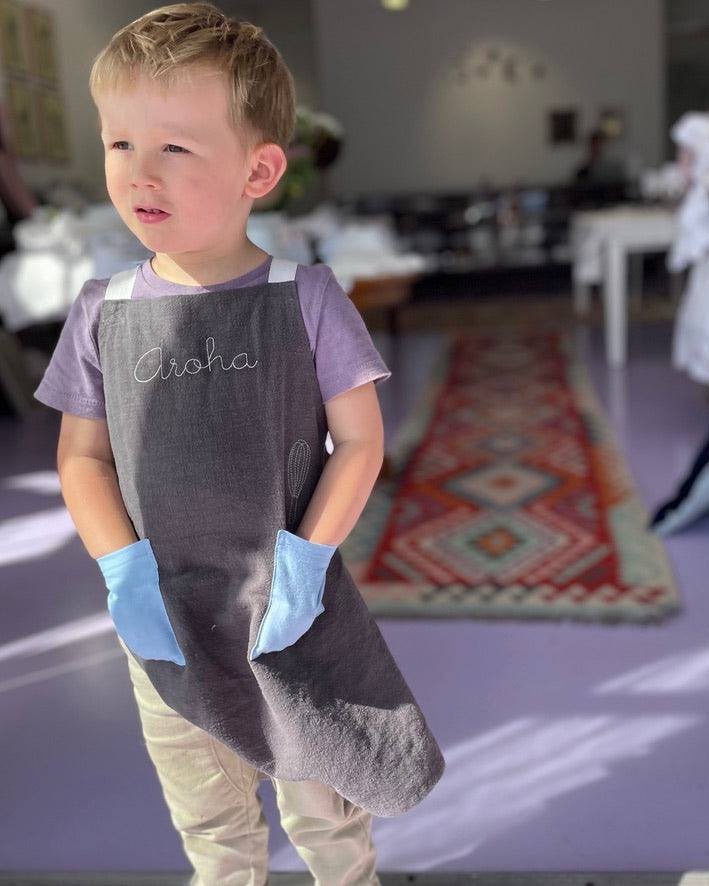 Kids Blue on Stone Grey Linen Apron - Namesake Embroidery Studio