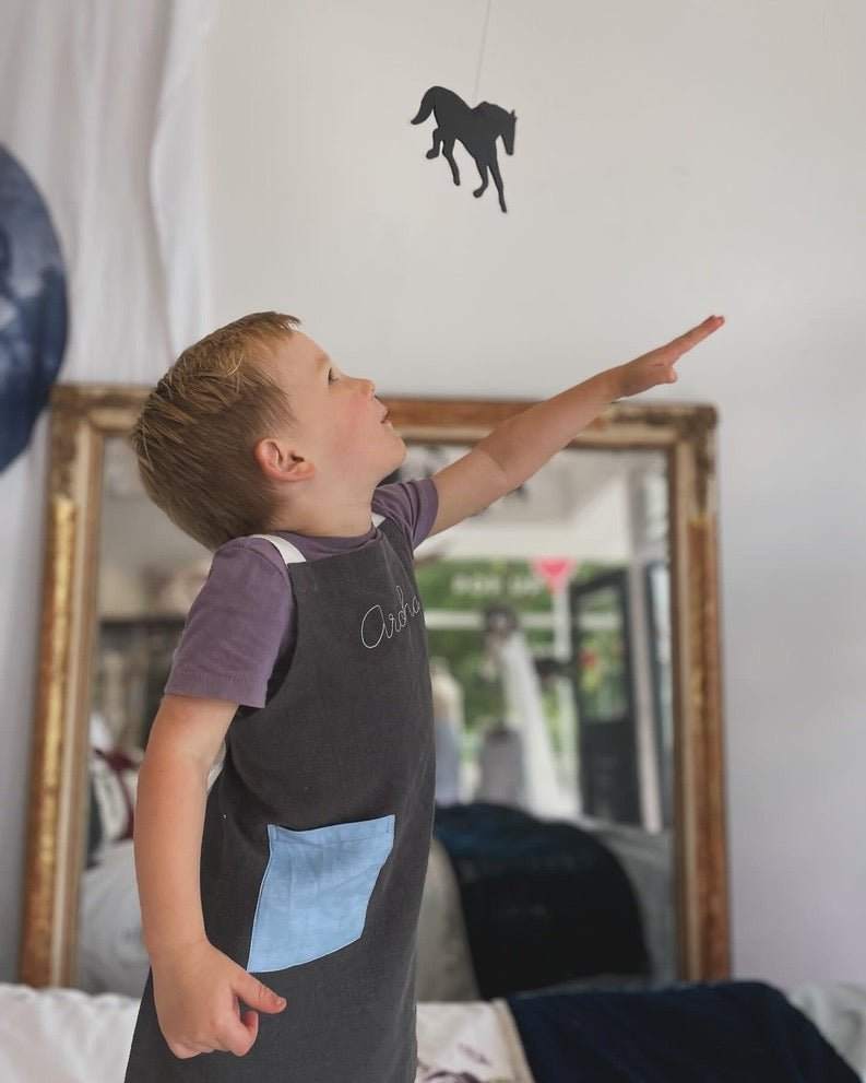 Kids Blue on Stone Grey Linen Apron - Namesake Embroidery Studio