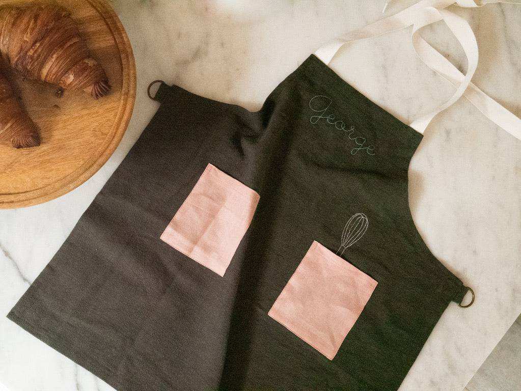 Kids Forest Green Linen Apron - Namesake Embroidery Studio
