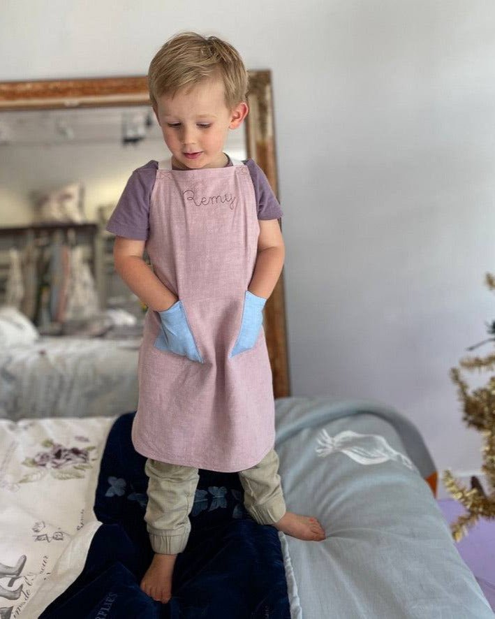 Kids Pink Linen Apron - Namesake Embroidery Studio