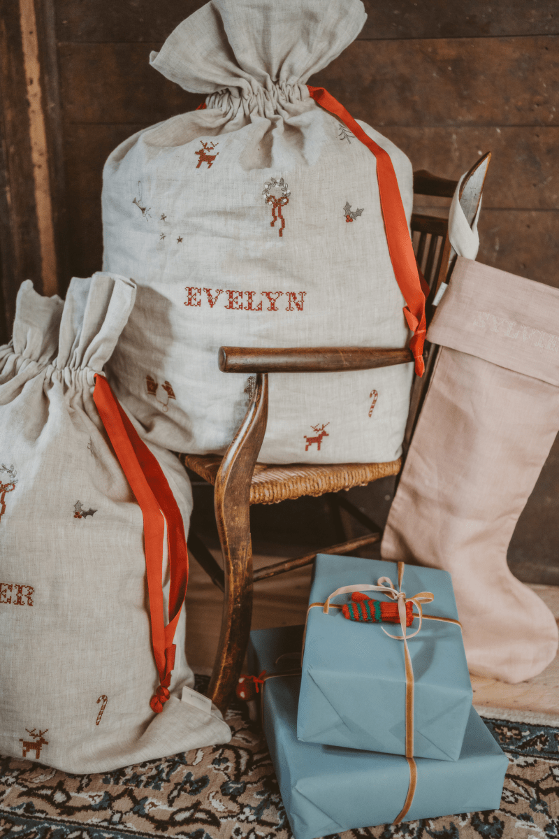 Linen Pattern Santa Sack - Namesake Embroidery Studio