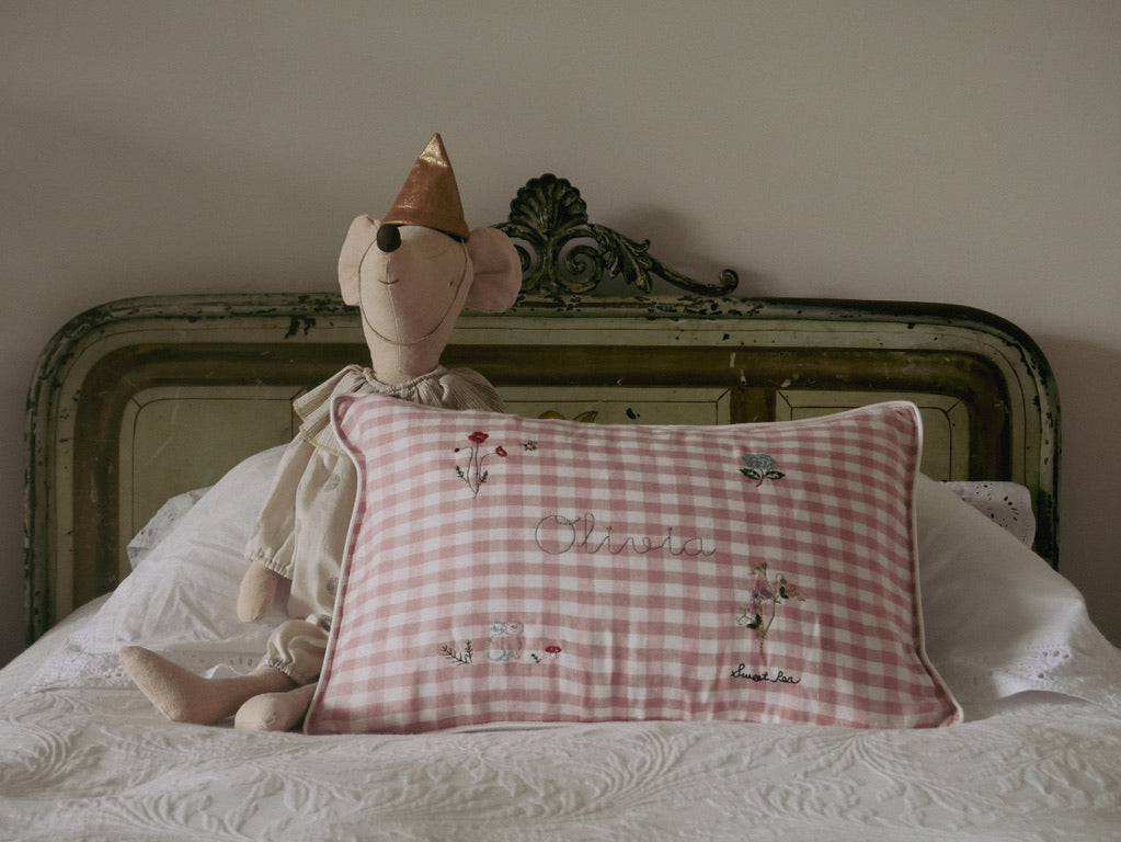 Botanical Cushion - Pink Gingham Linen