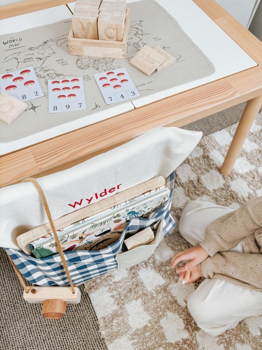 Personalised Chair Bag - Blue Gingham - Namesake Embroidery Studio